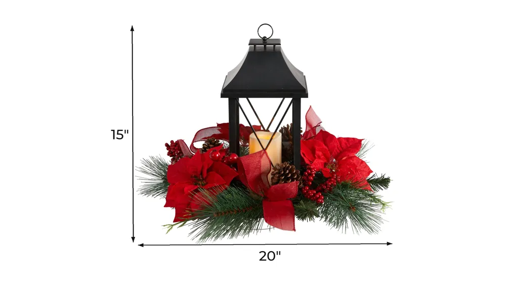 15" Holiday Foliage Lantern Artificial Arrangement with LED Candle Dimensions