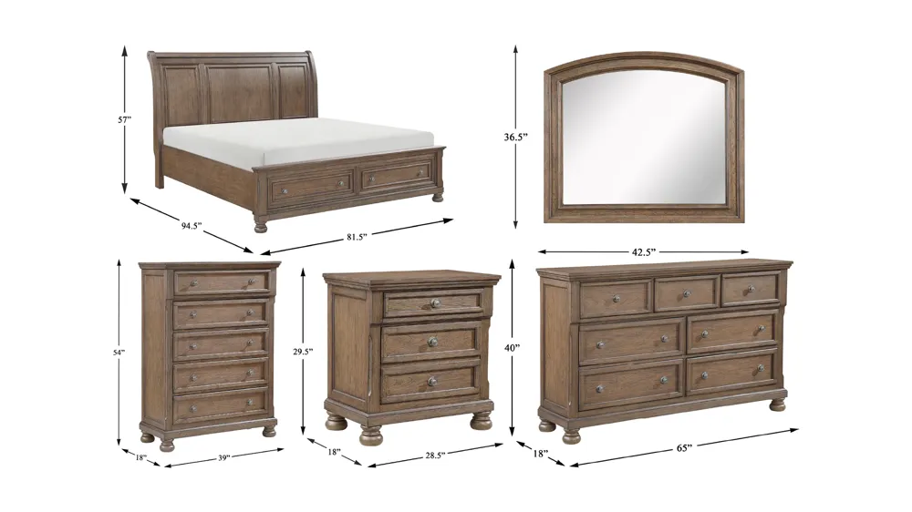 Donegan 5-pc. Sleigh Platform Storage Bedroom Set Dimensions