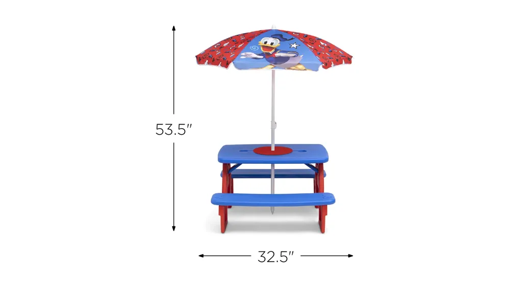 Mickey Mouse Four Seat Picnic Table wth Umbrella and Lego Compatible Table Top by Delta Children Dimensions
