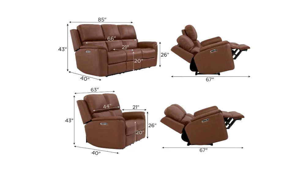Henrick Triple Power Leather Living Room Set Dimensions