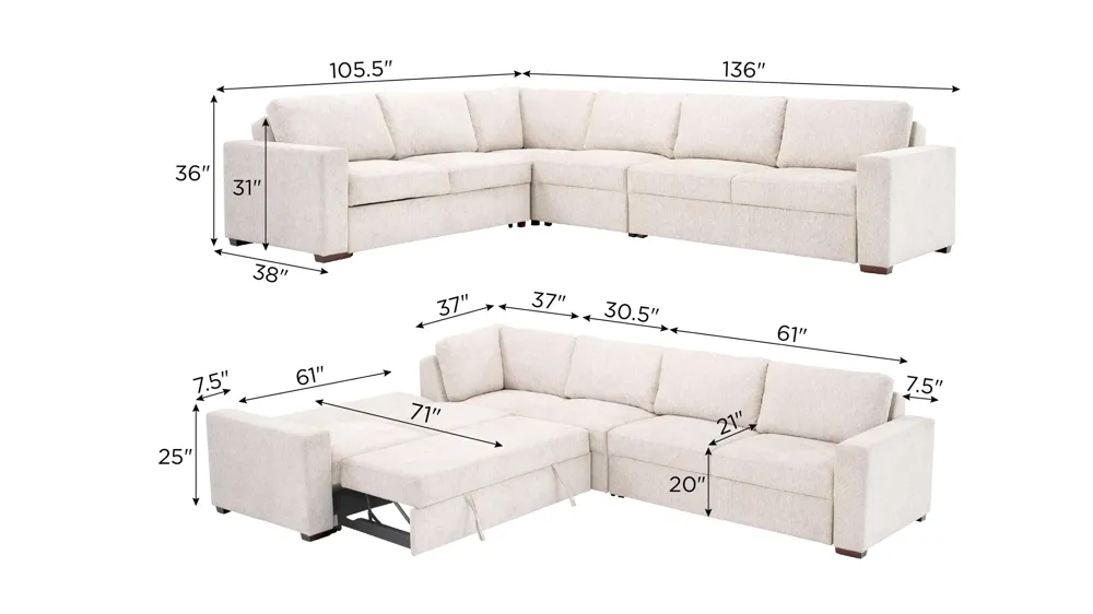 Juniper 5-pc. Reversible Pop-Up Sleeper Sectional Dimensions