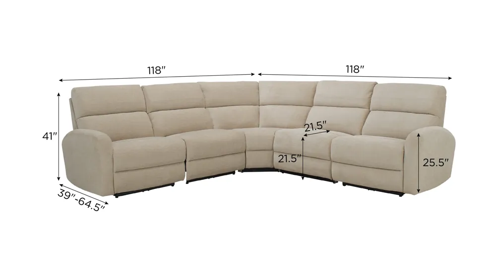 Fletcher 5-pc. Power Sectional w/ Power Headrests Dimensions