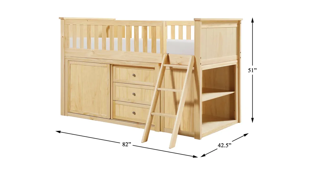Brighton Low Loft Bunk w/ Bookcase & Dresser Dimensions