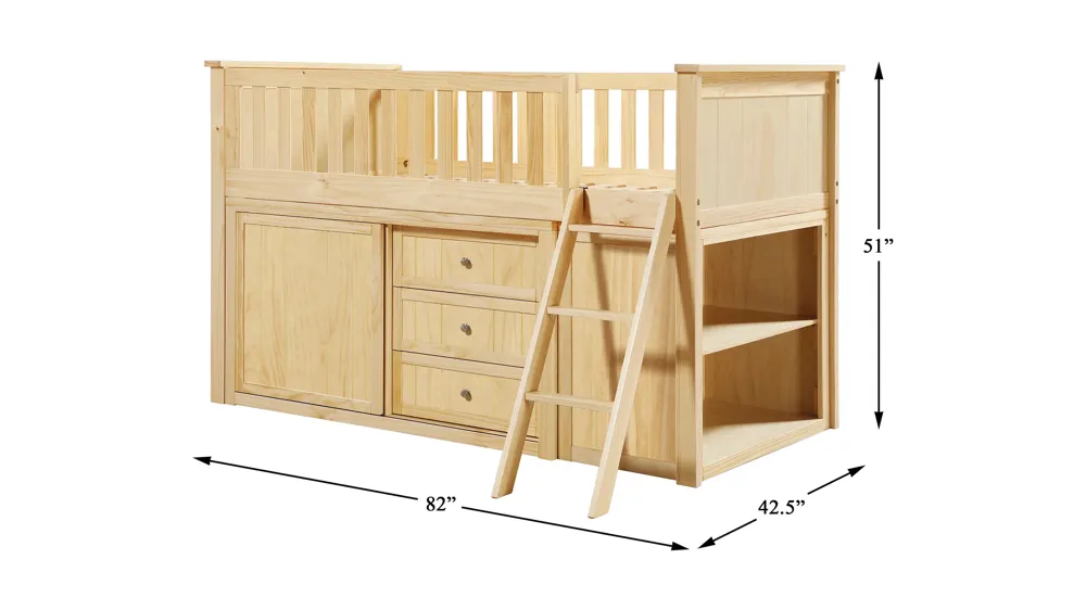 Brighton Low Loft Bunk w/ Bookcase & 2 Dressers Dimensions