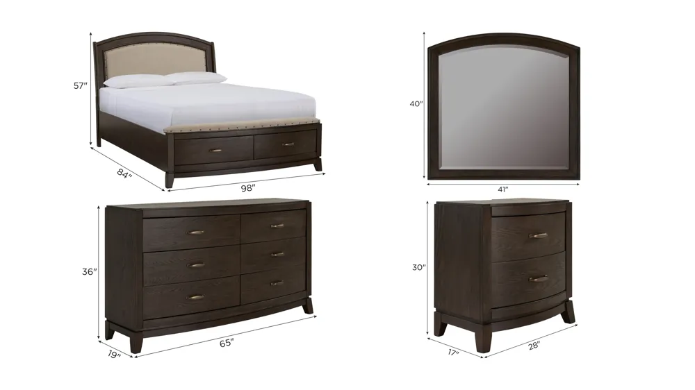 Coralie 4-pc. Upholstered Storage Bedroom Set Dimensions