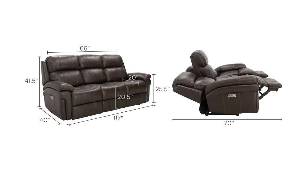 Remsen Leather Power Sofa w/ Power Headrest Dimensions