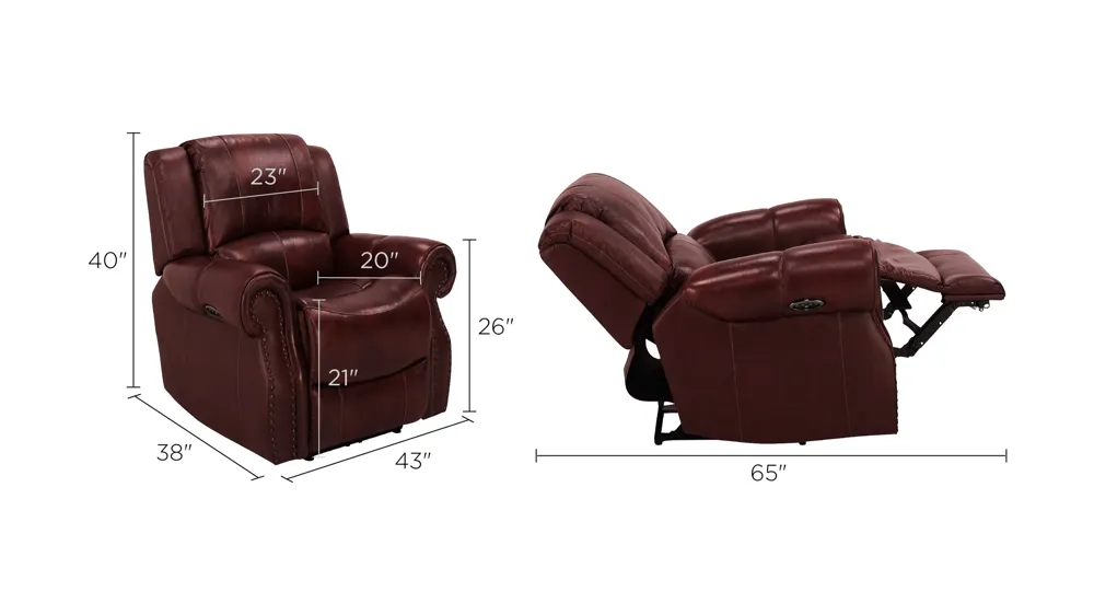 Belden Leather Power Recliner w/ Power Headrest Dimensions