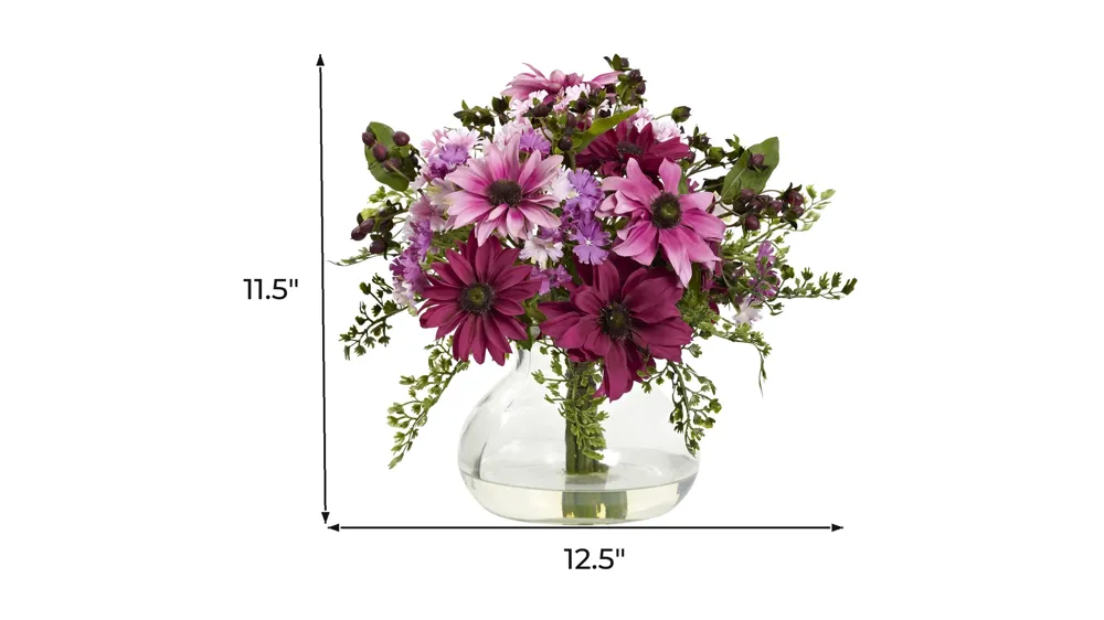 Mixed Daisy Floral Artificial Arrangement with Vase Dimensions