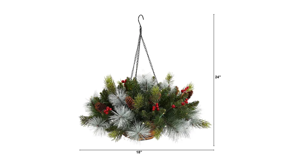 24" Holiday Pre-Lit Pine and Berries Artificial Hanging Basket Dimensions