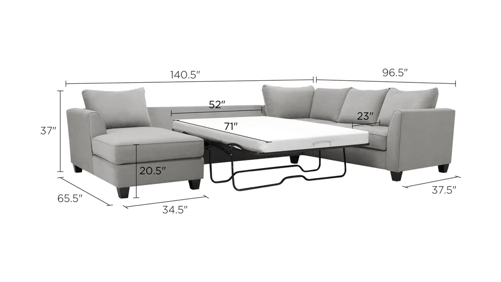 Daine 3-pc. Sectional Sofa w/ Full Sleeper Dimensions