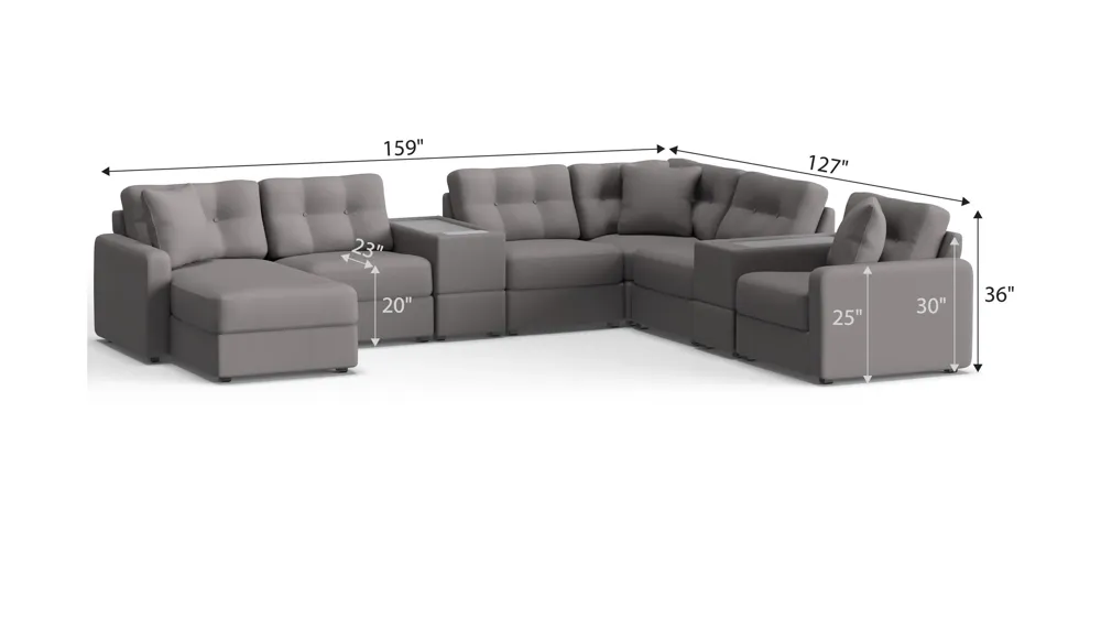 ModularOne 8-pc. Sectional w/One Power Console Dimensions