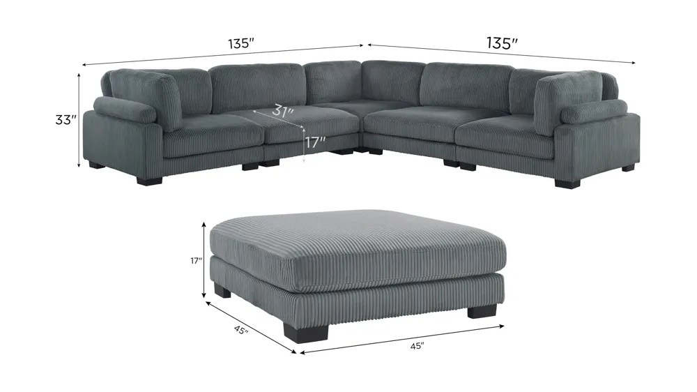 Maverick 5-pc. Sectional w/ Cocktail Ottoman Dimensions