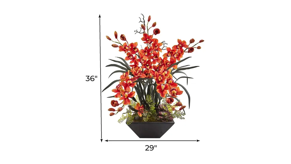 Cymbidium Orchid Silk Artificial Arrangement with Black Vase Dimensions