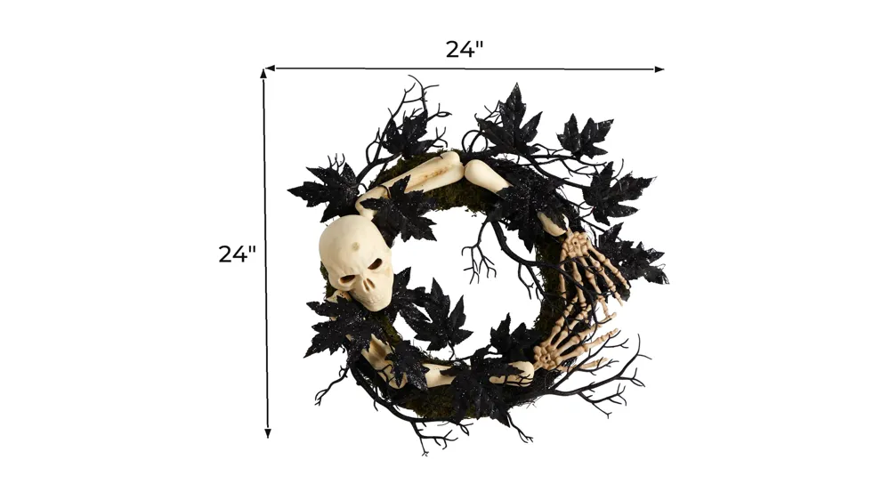 24" Halloween Foliage Skull and Bones Wreath Dimensions