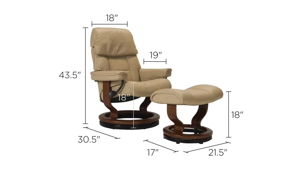 Stressless Ruby Medium Leather Reclining Chair and Ottoman w/ Rings Dimensions