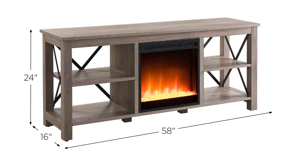 Paisley 58" TV Stand with Crystal Fireplace Insert Dimensions