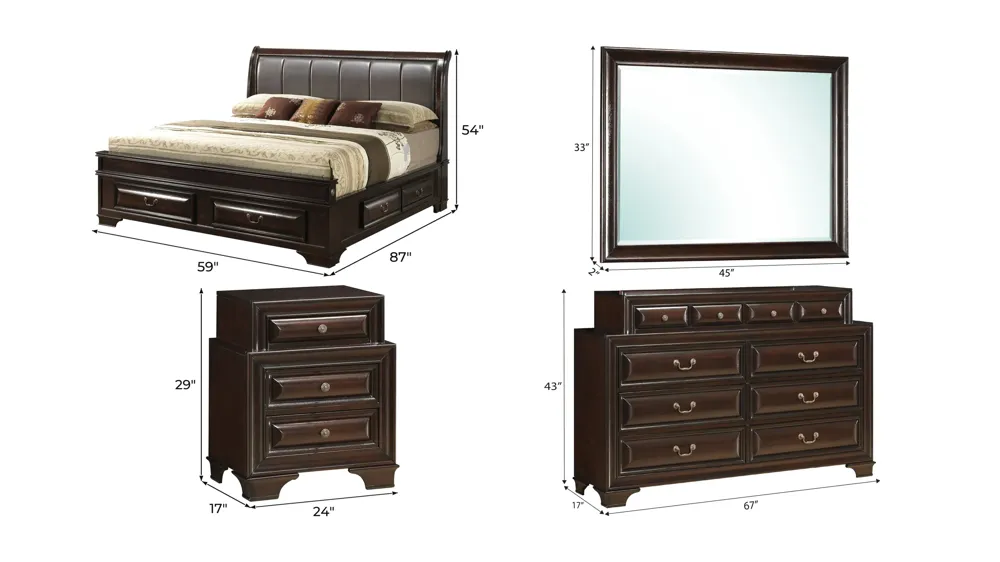 Sarasota Upholstered 4-pc. Storage Bedroom Set Dimensions