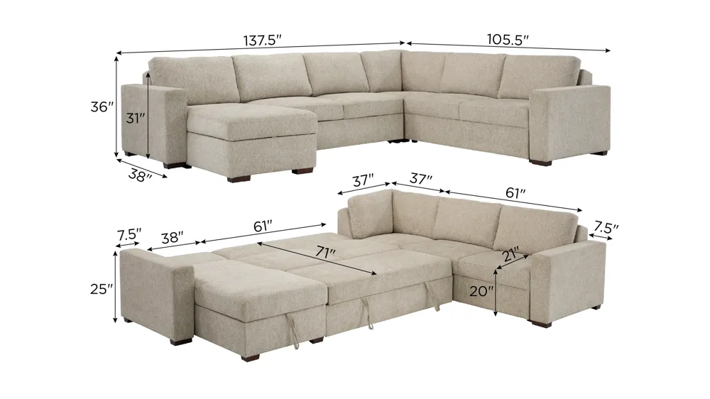 Juniper 5-pc. Reversible Pop-Up Sleeper Chaise Sectional Dimensions