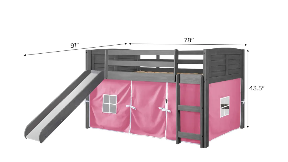 Donco Louver Low Loft Bed with Slide & Pink Tent Dimensions