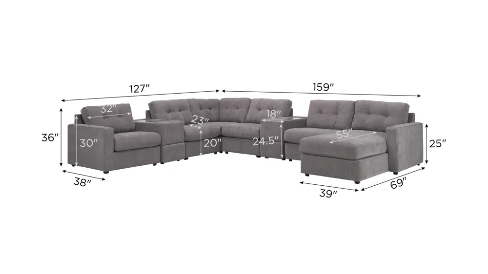 ModularOne 8-pc. Sectional w/One Power Console Dimensions