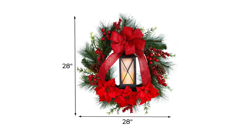 28" Holiday Foliage Artificial Wreath with Lantern and LED Candle Dimensions
