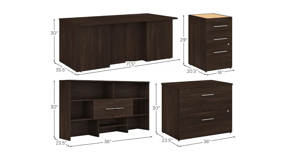 Office 500 72W x 36D Executive Desk w/ Drawers, Lateral File Cabinets & Hutch Dimensions