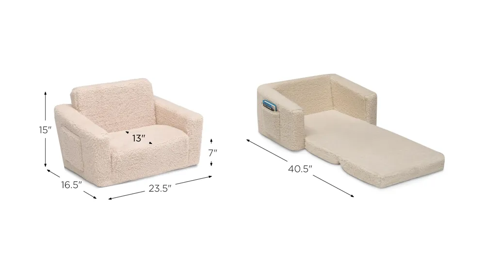 Cozee Flip-Out Sherpa 2-in-1 Convertible Chair to Lounger by Delta Children Dimensions