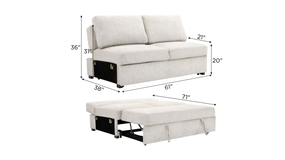 Juniper Armless Klik Klak Loveseat w/ Pop Up Sleeper Dimensions