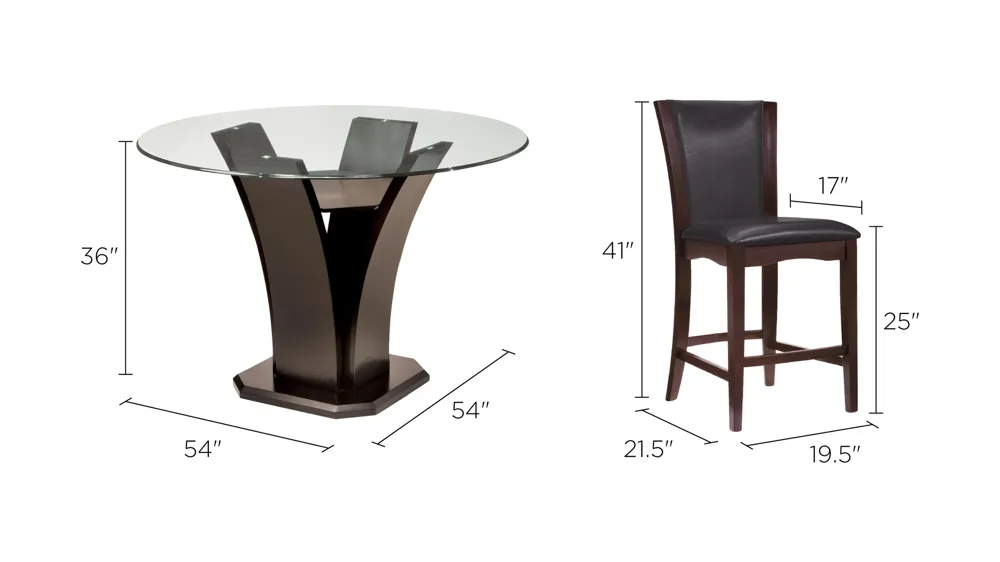 Venice 5-pc 54" Glass Counter-Height Dining Set Dimensions
