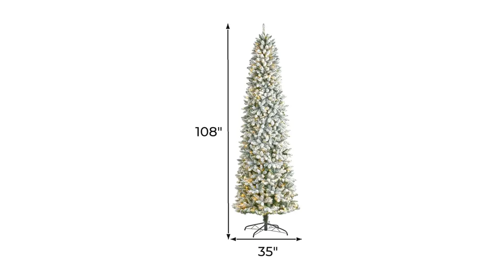 9' Slim Flocked Fir Artificial Christmas Tree with Warm White LED Lights and Bendable Branches Dimensions