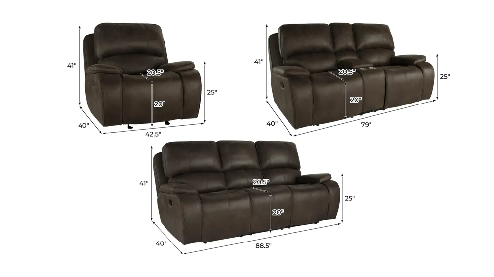 Brookings 3-pc. Manual Living Room Set Dimensions