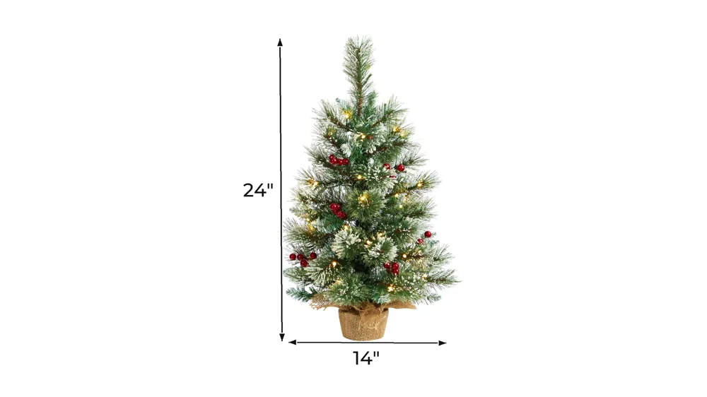 2' Snow Tipped Pine and Berry Artificial Christmas Tree with Warm White LED Lights in Burlap Base Dimensions
