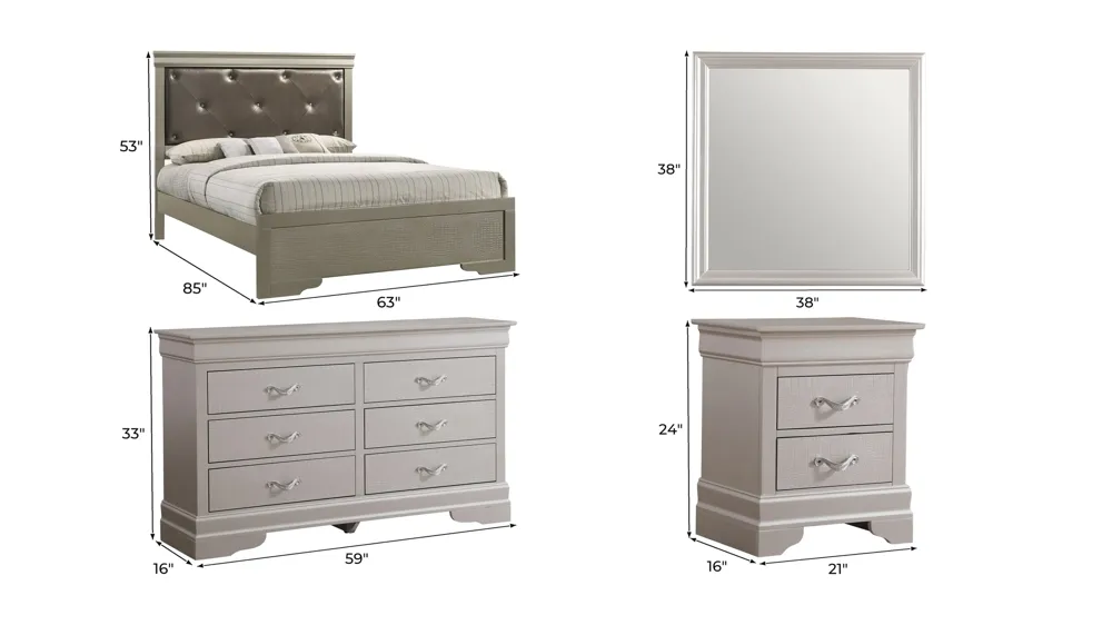 Lorana 4-pc. Upholstered Bedroom Set Dimensions