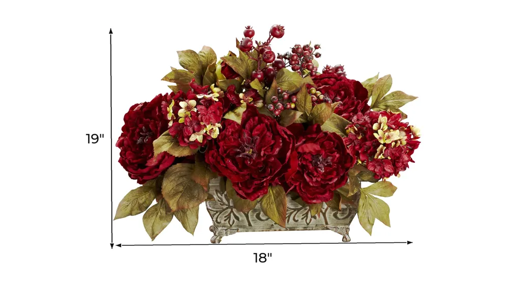 Peony & Hydrangea Silk Flower Arrangement Dimensions