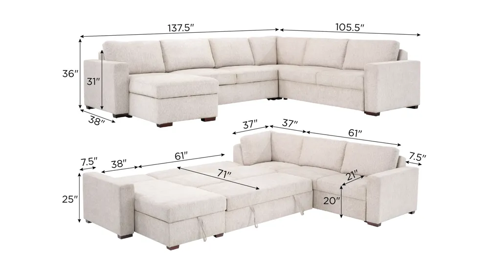 Juniper 5-pc. Reversible Pop-Up Sleeper Chaise Sectional Dimensions