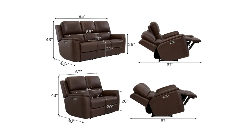 Henrick Triple Power Leather Living Room Set Dimensions