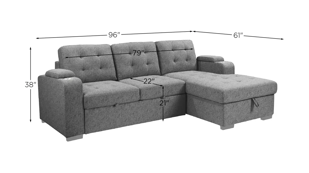 Belmont 2-pc. Tufted Sleeper Sectional with Storage Dimensions