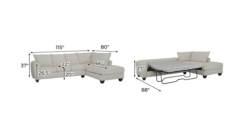 Jaden 2-pc. Sleeper Sofa Chaise Dimensions