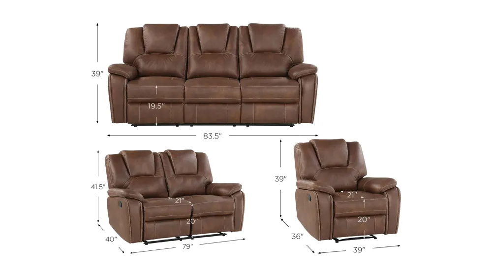 Katrine Reclining Sofa, Loveseat and Chair Set Dimensions