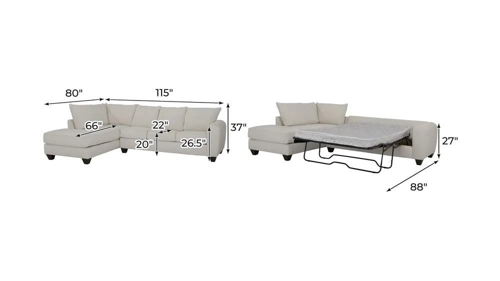 Jaden 2-pc. Sleeper Sofa Chaise Dimensions