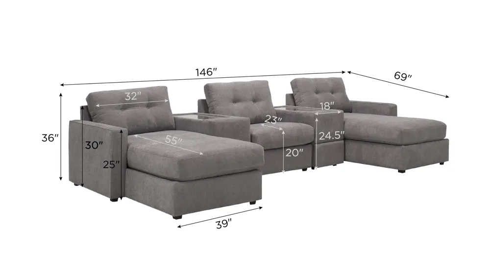 ModularOne 5-pc. Sectional w/One Power Console Dimensions