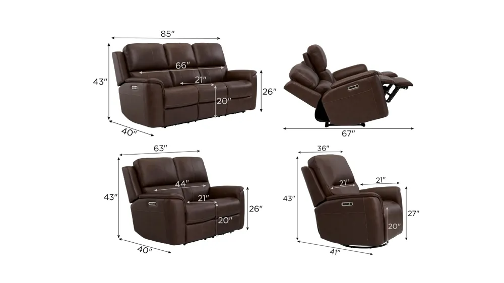 Henrick Triple Power Leather Living Room Set Dimensions
