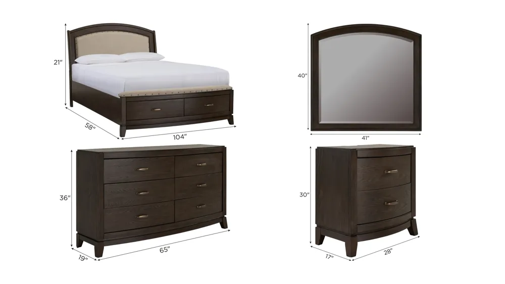 Coralie 4-pc. Upholstered Storage Bedroom Set Dimensions