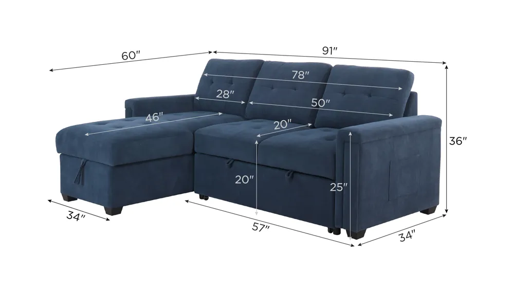 Sonja 2-pc. Reversible Sleeper Sofa Chaise Dimensions