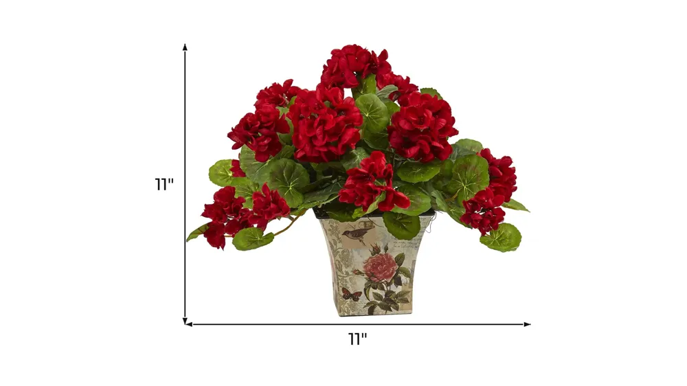 11in. Geranium Flowering Silk Plant with Floral Planter (Set of 2) Dimensions