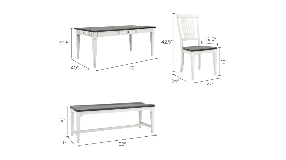 Shelby 4-pc. Dining Set w/Bench Dimensions