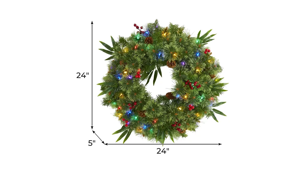 24" Mixed Pine Artificial Christmas Wreath with Multicolored LED Lights, Berries and Pine Cones Dimensions