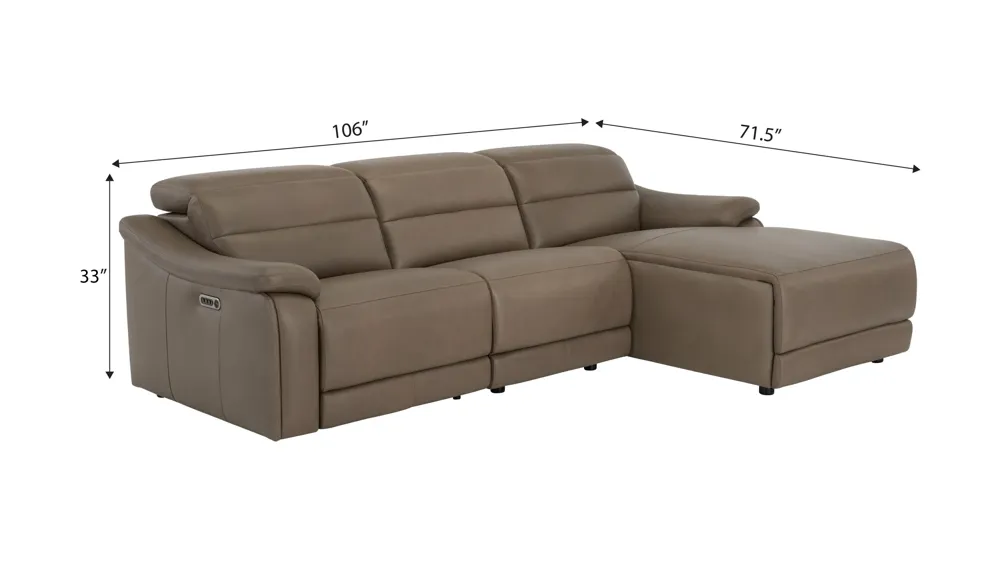 Tucker 3-pc. Triple Power Leather Sofa Chaise Dimensions