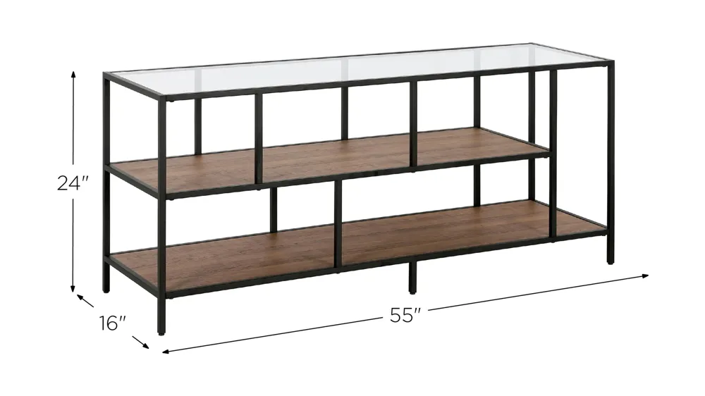 Zinnia 55" TV Stand with Glass Top and Rustic Oak Shelves Dimensions