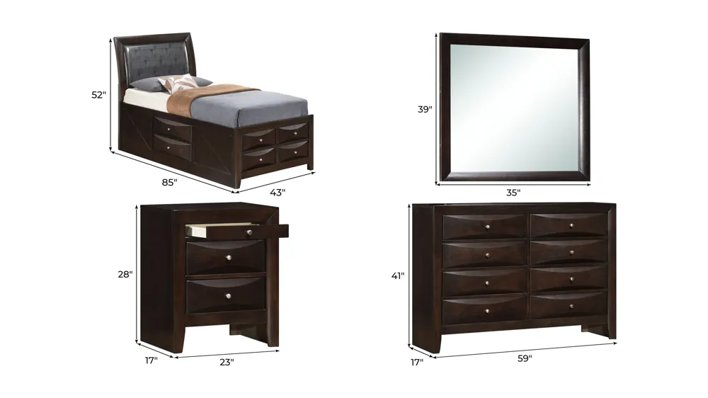 Marilla 4-pc. Upholstered Captain's Bedroom Set Dimensions